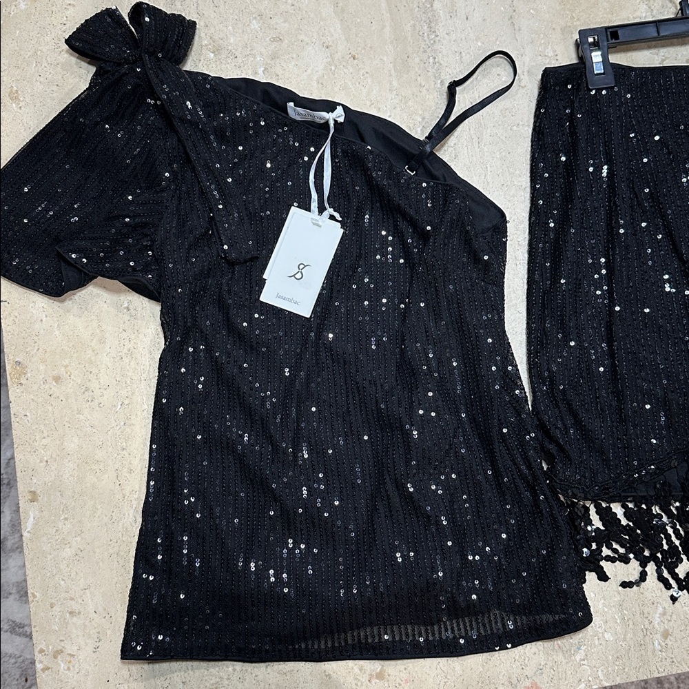 Elegant Sparkly Black Fringe Skirt and One Shoulder Matching Top NWT Size S‎ - Picture 6 of 6